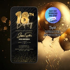 Digital 18th Birthday Invitation Template For Her Gold, Animated Eighteenth Black Gold Balloon Invite, Animated Self Editable Template