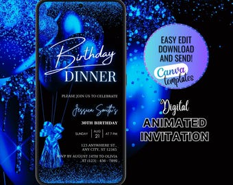 Digital Editable Blue Birthday Dinner Invitation Template, Blue Glitter Birthday Party Invitation, Surprise Birthday Dinner Party Invitation