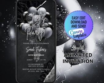 Digitale zwartzilveren verjaardagsuitnodiging voor verjaardagsfeestje, zwartzilveren glitter bewerkbare sjabloon, zwart en zilver Evite, elke leeftijd, direct downloaden