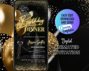 Digital Birthday Dinner Invitation Template, Black Tie Glam Invite, Black Gold Surprise Birthday Invite, Animated Gold Black Birthday Invite