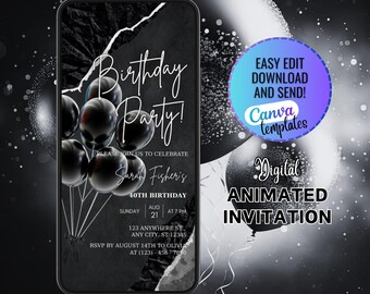 Digital Birthday Invitation Template, All Black Birthday Party Invitation, Birthday Dinner, Digital Affair Template, All Black Party Invites