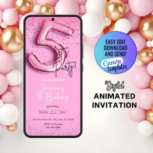 Editable Pink 5th Birthday Invitation Template, Fifth Birthday Invite 5 year old, Girls Animated 5th Party Invite, Foil Girl Fifth Birthday