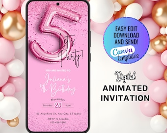 Editable Pink 5th Birthday Invitation Template, Fifth Birthday Invite 5 year old, Girls Animated 5th Party Invite, Foil Girl Fifth Birthday