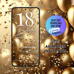 Digital 18th Birthday Party Invitation Template, Electronic 18th Party Invite, Animated Gold Balloon Invite For Her, Self Editable eCard