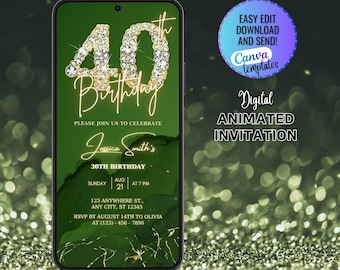 Digital 40th Birthday Party Invitation, Animated Gold Silver Diamond Evite, Phone Text Message, 40th Birthday Party Invite, Instant Download