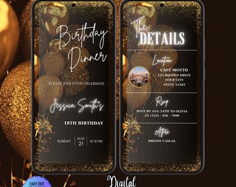Digital Birthday Dinner Invitation Template, Black Gold Balloon Birthday Invite, Animated Gold Black Birthday Invite, Black Tie Glam Invite