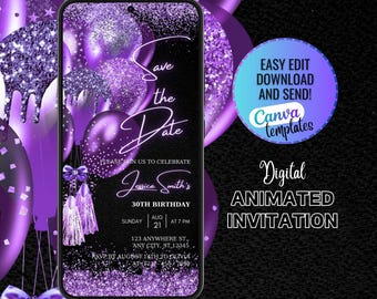 Invitación digital con mensaje Save The Date en color morado, invitación con globos con purpurina plateada y color morado, invitación editable con mensaje Save The Date para cumpleaños en color morado, plantilla editable