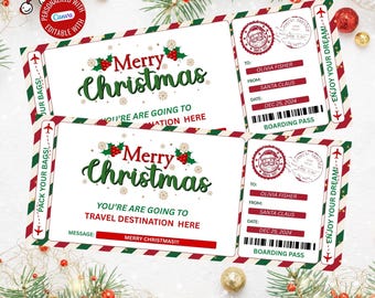 May include: Two Christmas boarding passes with a festive design. The tickets feature "Merry Christmas" in green script, holly accents, and a Santa Claus stamp. The text includes "Pack Your Bags!" and "Enjoy Your Dream!"
