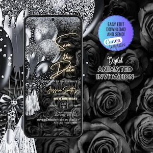 Digital Black Silver Save The Date Invitation, Birthday Invitation Template, Gold Glitter Digital Birthday & Save The Date Invites, Any Age