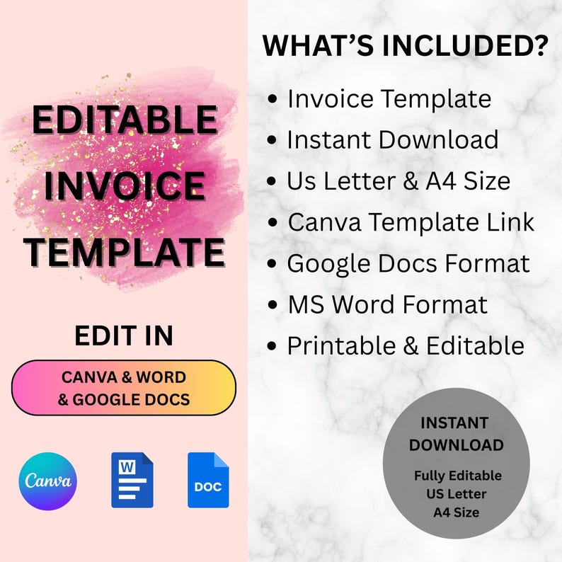 Editable Business Invoice Template: Canva, Word, Google Docs (digital ...
