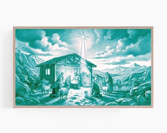 May include: A teal-colored print of the Nativity scene, depicting the birth of Jesus in a stable. The artwork features a star, figures, animals, and a mountainous backdrop, all within a wooden frame.