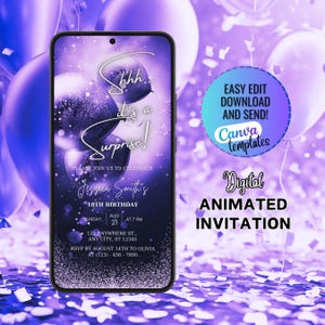 Digital Surprise Birthday Invitation, Shhh it&#39;s a Surprise, Animated Birthday Surprise Invite For Women, Purple Surprise Party Invitations