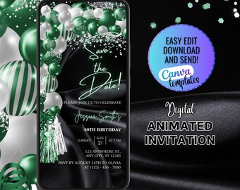 Digital Emerald Green and Silver Save The Date Invitation, Black Green Birthday Party Invitation, Phone Text Message Evite, Editable Invite