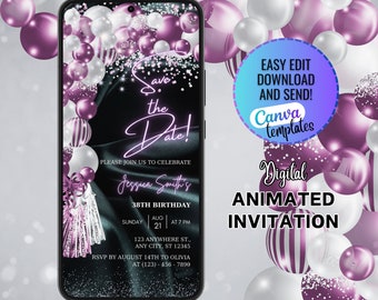 Púrpura digital y plata guardar la invitación de fecha, invitación de fiesta de cumpleaños púrpura, mensaje de texto telefónico, invitación para mujeres, invitación editable