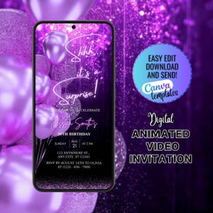 Digital Surprise Birthday Invitation, Shhh It&#39;s a Surprise Digital Invitation, Editable Surprise Birthday Party Invitation, Purple Balloons