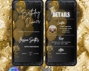 Gold Black Digital Editable Birthday Dinner Invitation Template, Animated Birthday Dinner Invitation, Gold Ballons Birthday Dinner Invite