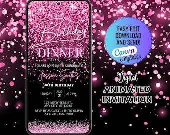 Digital Pink Birthday Dinner Invitation Template, Pink Dinner Party Invite, Digital Birthday Party Invite, Hot Pink Birthday Party Invite