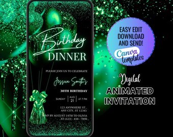 Digital Editable Green&Black Birthday Dinner Invitation Template, Animated Birthday Dinner Invite, Surprise Birthday Dinner Party Invitation