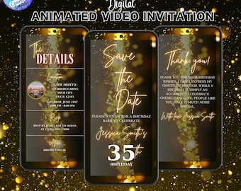 Gold Glitter Digital Birthday Invitation Template, Save The Date Birthday Templates, Digital Invite Glitter, Save The Dates Birthday Digital