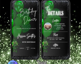 Digital Editable Green Birthday Dinner Party Invitation Template, Animated Birthday Dinner Invite, Surprise Birthday Dinner Party Invitation