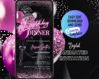 Birthday Dinner and Party Invitation, Digital Invite Template Birthday Dinner, Elegant Pink Birthday Dinner Invitation, Pink Birthday Party