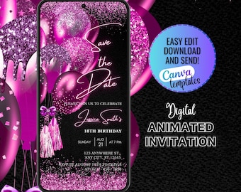 Digital Hot Pink Save The Date Invitation, Hot Pink Glitter Balloons Invite, Birthday Save The Date Invitations, Save The Date Birthday Pink
