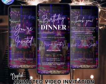 Champagne Birthday Dinner Video Invitation, Editable Template (Digital)