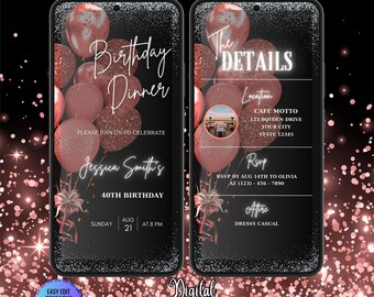 Digital Editable Rose Gold Birthday Dinner Invitation Template, Rose Gold Balloons, Birthday Dinner Invite, Digital Birthday Party Invite