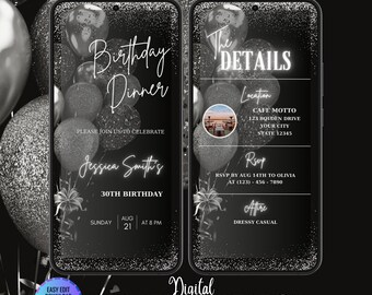 Editable Black Silver Glitter Balloons Birthday Dinner Party Invitation, Black Silver Glitter Editable Template, Black Silver Evite, Any Age