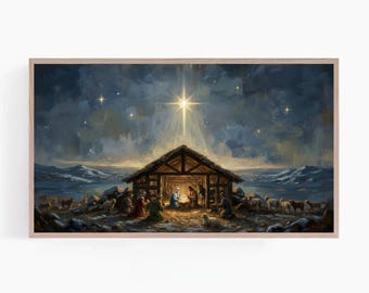 May include: A framed painting depicts the Nativity scene. The artwork features a wooden stable illuminated by a bright star, with figures gathered inside. The background shows a night sky with stars and rolling hills, creating a serene, religious theme.