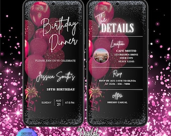 Digital Pink Birthday Dinner Invitation Template, Pink Dinner Party Invite, Digital Birthday Party Invite, Hot Pink Birthday Party Invite