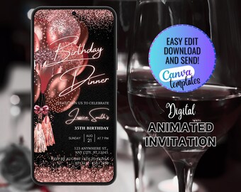 Digital Editable Rose Gold Birthday Dinner Invitation Template, Rose Gold Balloons, Birthday Dinner Invite, Digital Birthday Party Invite