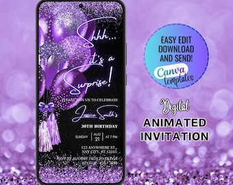 Purple Shhh It's a Surprise Birthday Dinner Invitation, Digital Editable Dinner Invitation Template, Mobile Invitation Dinner Surprise Party