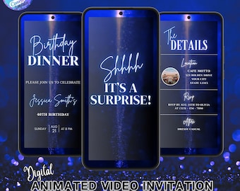 Blue Shhh It's a Surprise Birthday Dinner Invitation, Digital Editable Dinner Invitation Template, Mobile Invitation Dinner Surprise Party
