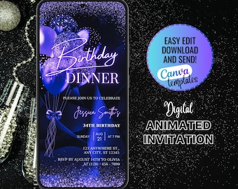Digital Black Purple Birthday Dinner Invitation, Digital Birthday Dinner Invitation, Animated Purple Birthday Invite, DIY Editable Template