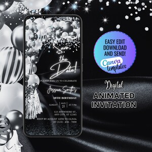 Digital Black and Silver Save The Date Invitation, Black Birthday Party Invitation, Phone Text Message, Invite for Womens, Editable Invite