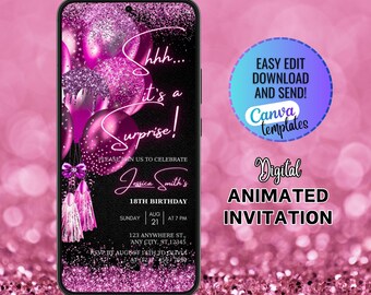 Surprise Birthday Invitation for Women, Pink Birthday Invite for Her, Blush Balloon Text Message Invitation, Shhh... it's a surprise invite