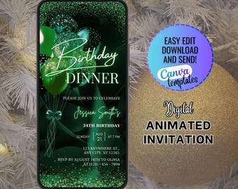 Digital bearbeitbare grüne Geburtstagsessen-Party Einladungsvorlage, animierte Geburtstagsessen einladen, Überraschungs-Geburtstags-Dinner-Party-Einladung