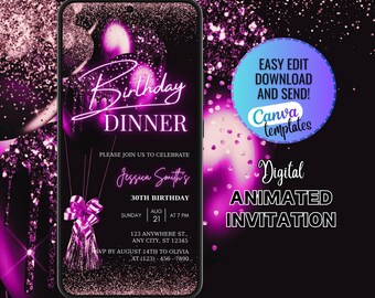 Digital Editable Pink Birthday Dinner Invitation Template, Pink Glitter Birthday Party Invitation, Surprise Birthday Dinner Party Invitation