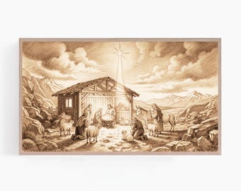 Pode incluir: Desenho a lápis em tons sépia da cena da Natividade, emoldurado em madeira. A imagem retrata a Sagrada Família, animais e pastores reunidos em torno de uma manjedoura. Uma estrela brilhante brilha acima do estábulo, iluminando a cena.