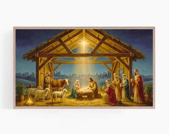 May include: A framed painting depicts the Nativity scene. The artwork shows the Holy Family, the Three Wise Men, and animals in a stable. The scene is illuminated by a bright star and a warm, golden light.