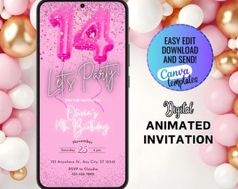 Digital Pink 14th Birthday Invitation for Girls, 14th Birthday Party Invitation, 14th Birthday Invite Girl, Editable Birthday Invite Girl