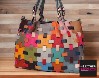 Patchwork tas, echte lederen draagtas voor dames, vintage draagtas, kleurrijke draagtas, handgemaakte schoudertas, handgemaakte tas