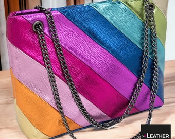 Colorful Rainbow Stripes Patchwork bag, Women color Shoulder Bag, Tote Large Capacity Chain, Cross Body Handbags