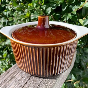 Puede incluir: Una fuente de cerámica marrón con tapa. El plato tiene detalles acanalados verticales y asas blancas. La tapa tiene un asa redondeada. El plato está sobre una superficie de madera con un fondo de hojas verdes.
