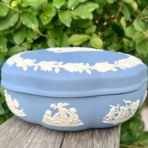 May include: A pale blue oval trinket box with white relief detailing. The lid and sides feature a white floral garland and classical figures. The box is set against a backdrop of green foliage and a wooden surface.