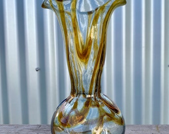 Jarrón de vidrio soplado a mano antiguo, remolino ámbar, burbujas de aire, cicatriz de pontil, 18 cm