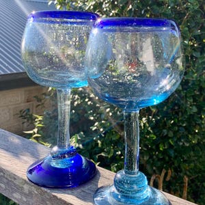 Pair Of 2 Large Art Glass Wine Glasses Blue Hand Blown
