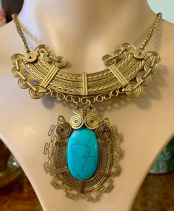 Stunning Neck Piece Ancient Egyptian Style Necklace Turquoise Stone Gold Wire Etsy