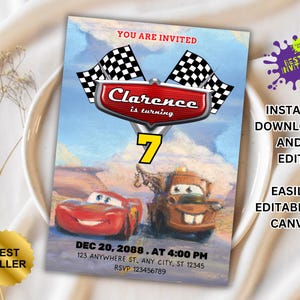 Cars Birthday Invitation, Lightning McQueen Invitation, Kids Birthday Invitation, Editable Personalized Canva Printable Digital Invitation